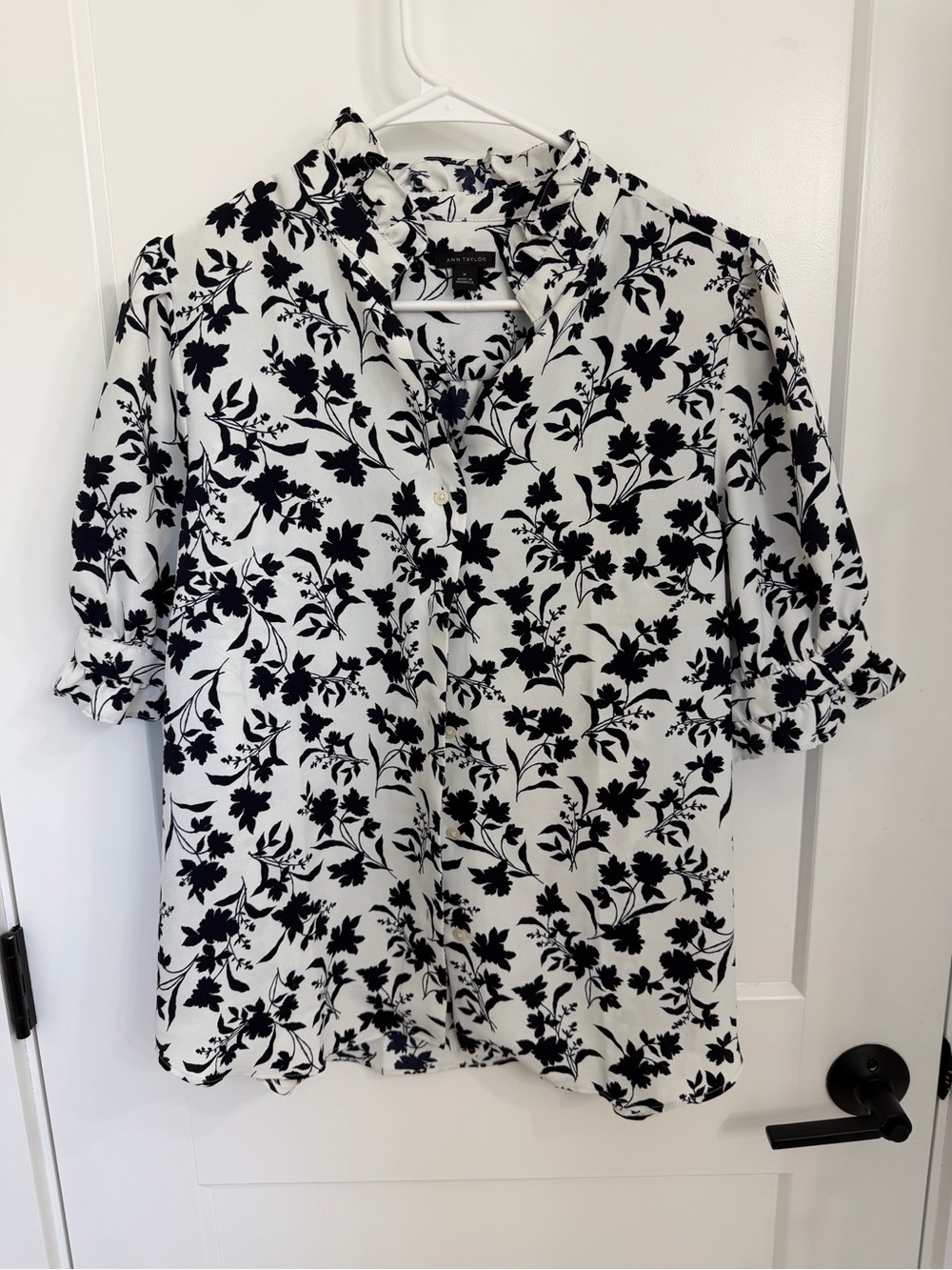 Ann Taylor White Blouse with Black Floral Print